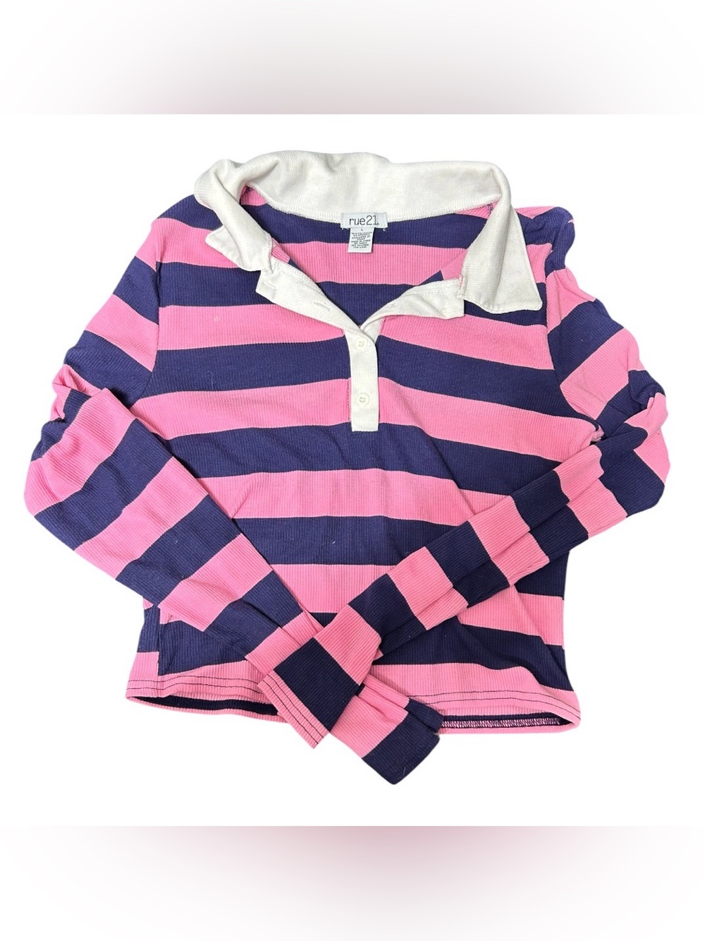 rue21 Pink and Navy Striped Polo with White Collar